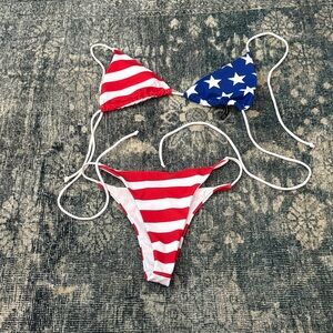 PrettyLittleThing Red and Blue Striped Bikini